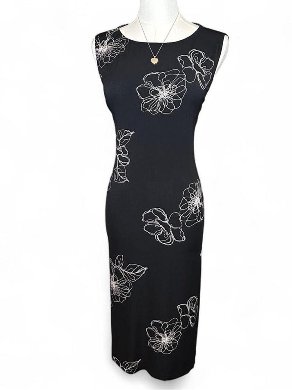 Vintage Black Midi Dress White Florals 90s Whimsygoth Dark Romantic